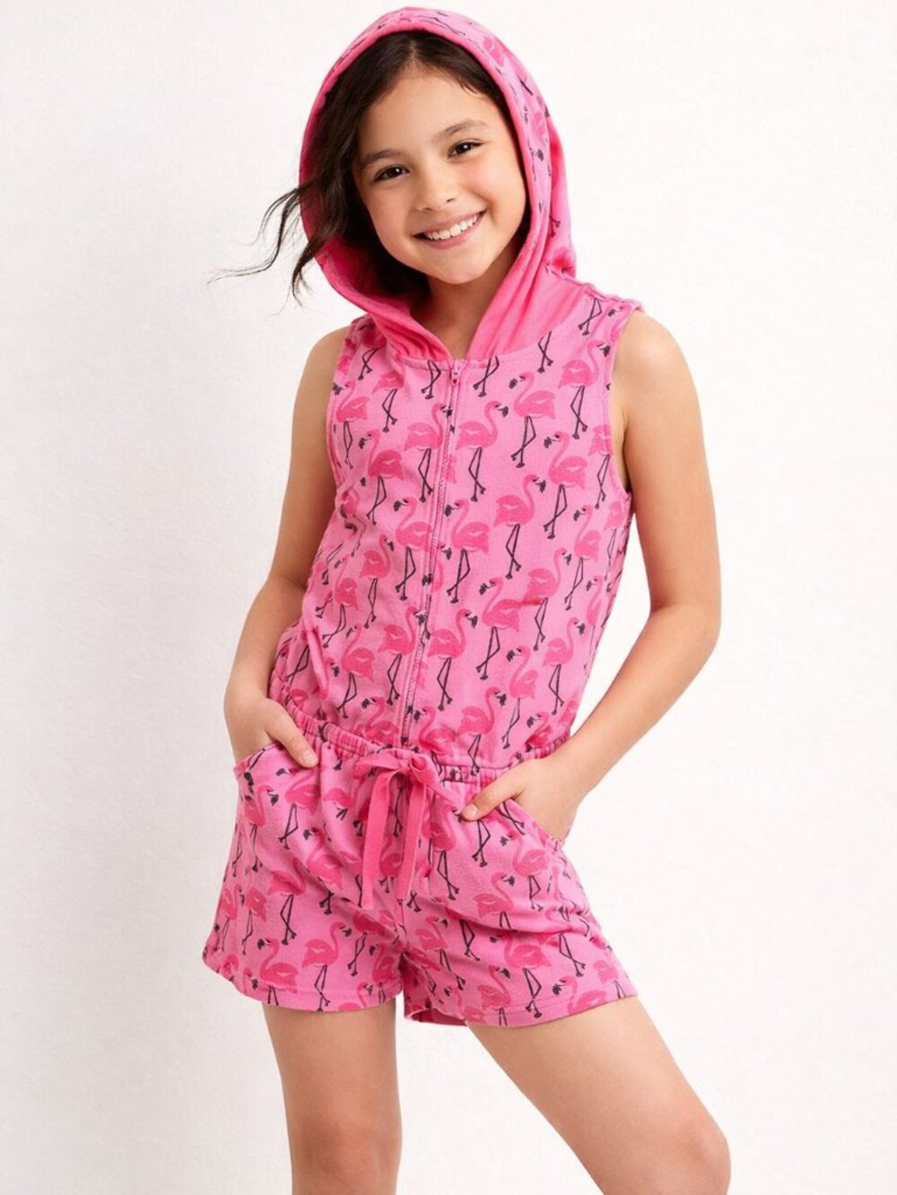 Justice Girls Graphic Hoodie Romper Pink Black Flamingos Sleepwear Size 10